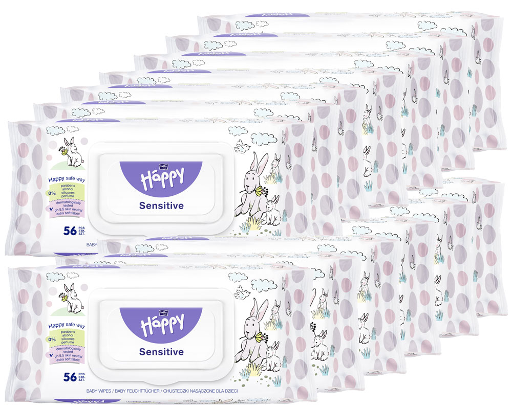 Feuchttücher von Happy, Sensitive, in einer Packung mit 56 Stück. Verpackung zeigt einen niedlichen Hasen und farbige Punkte. Die Tücher sind ohne Parabene, Alkohol und Parfüm.