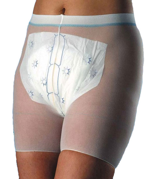 Transparente, elastische Unterwäsche mit einem integrierten, windelartigen Polster in der Mitte. Das Polster ist weiß mit blauen Sternchen und bietet zusätzlichen Schutz. Der Hintergrund ist neutral und einfarbig.