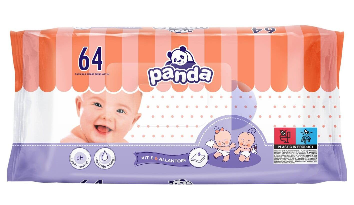 Windeln in einer Verpackung mit bunten Streifen und einem lächelnden Baby. Der Packungsinhalt beträgt 64 Stück. Informationen wie pH-neutral, Lotion enthalten und Hinweise auf Plastik sind sichtbar.