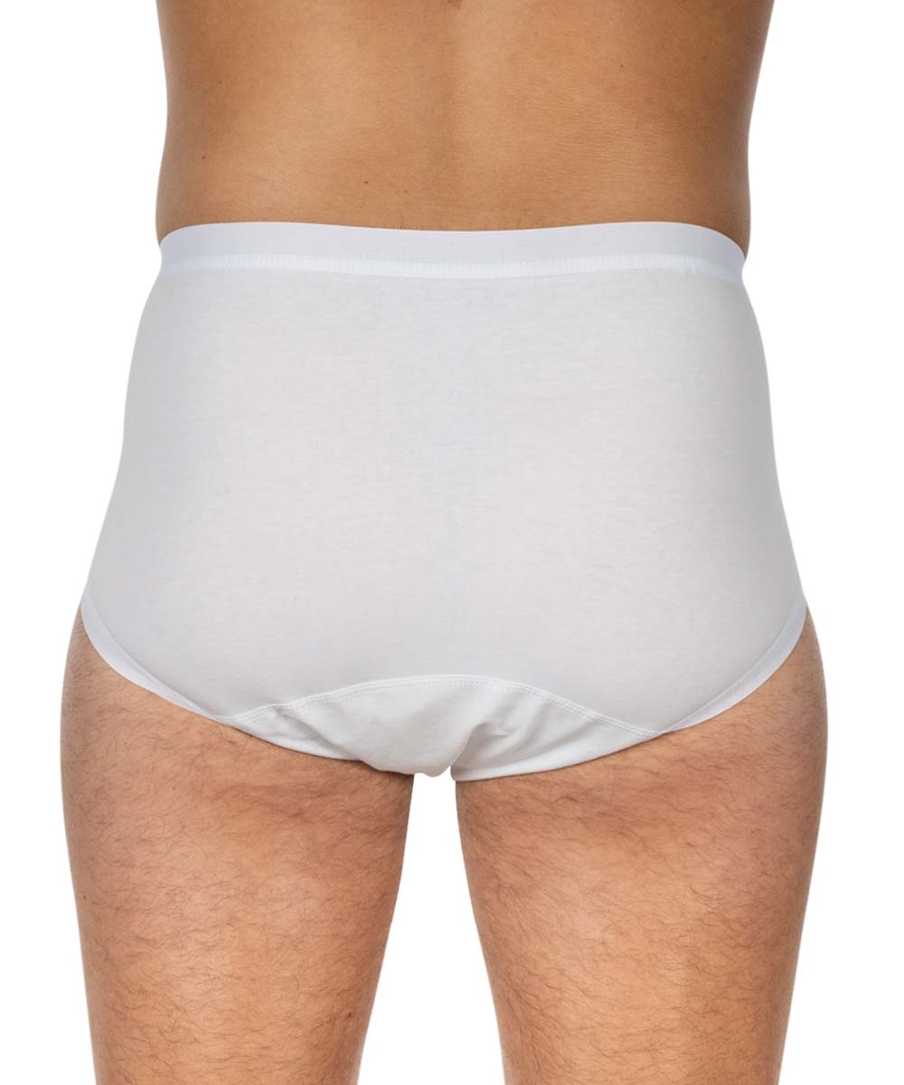 Ein Paar weiße Unterhosen aus elastischem Material wird von hinten gezeigt. Die Hosen haben einen hohen Schnitt und sind einfach gehalten, ohne auffällige Details. Der Hintergrund ist neutral.