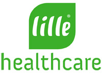 Das Logo zeigt das Wort -lille- in Weiß auf einem grünen, blattähnlichen Hintergrund, darunter steht -healthcare- in grüner Schrift. Es vermittelt eine frische, gesundheitliche Ausstrahlung.