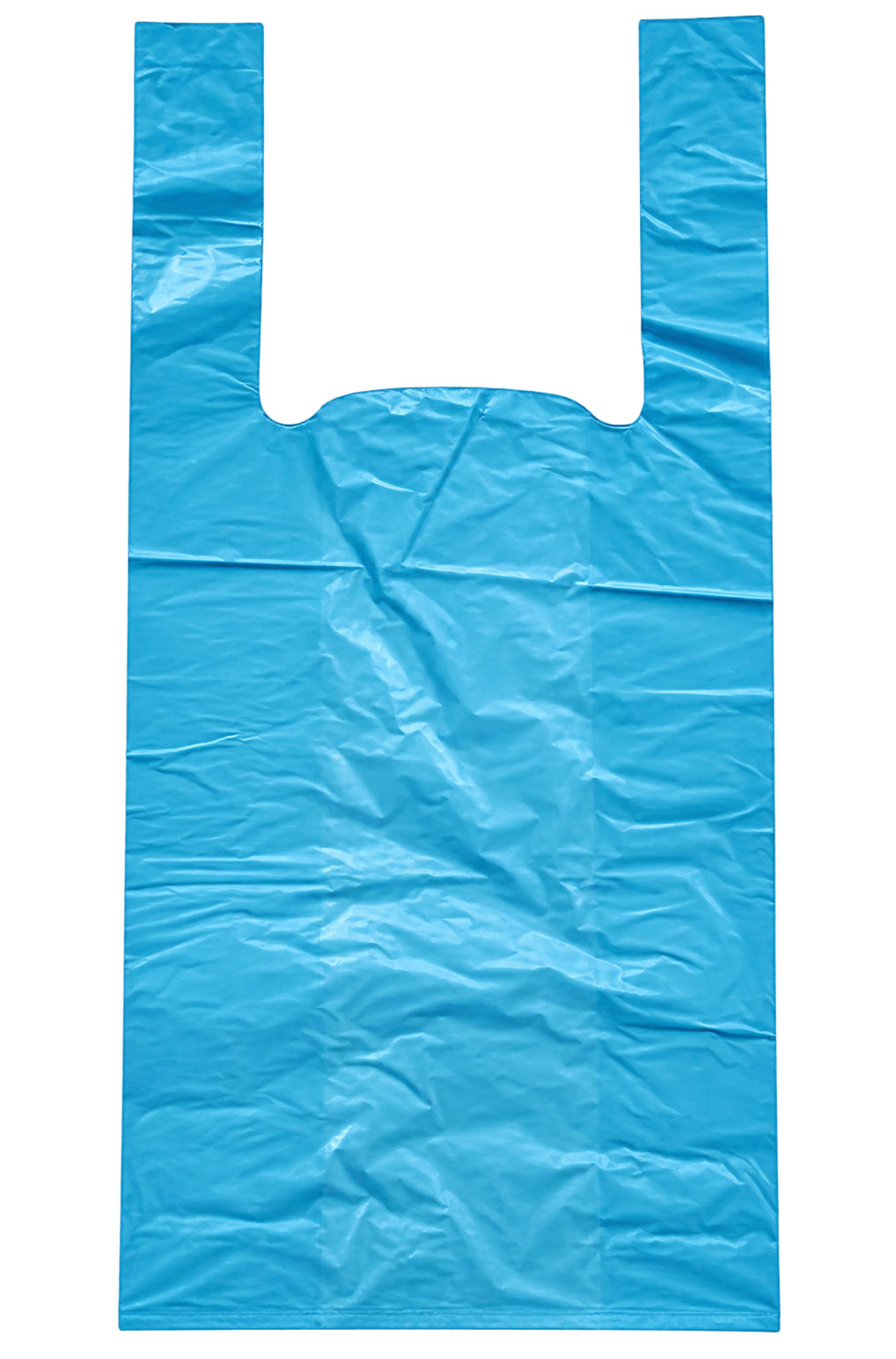 Ein blauer, faltbarer Plastiksack liegt flach auf einer neutralen Oberfläche. Er hat Henkeltaschen an den Seiten und eine abgerundete Aussparung in der Mitte.