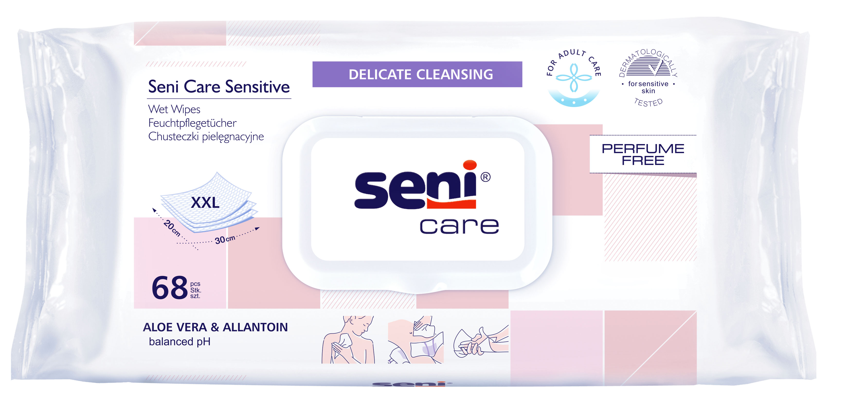 Feuchttücher in einer Verpackung mit dem Markennamen -Seni Care Sensitive-. Die Tücher sind für empfindliche Haut, parfümfrei und enthalten Aloe Vera und Allantoin. Es sind 68 Stück in der Packung.