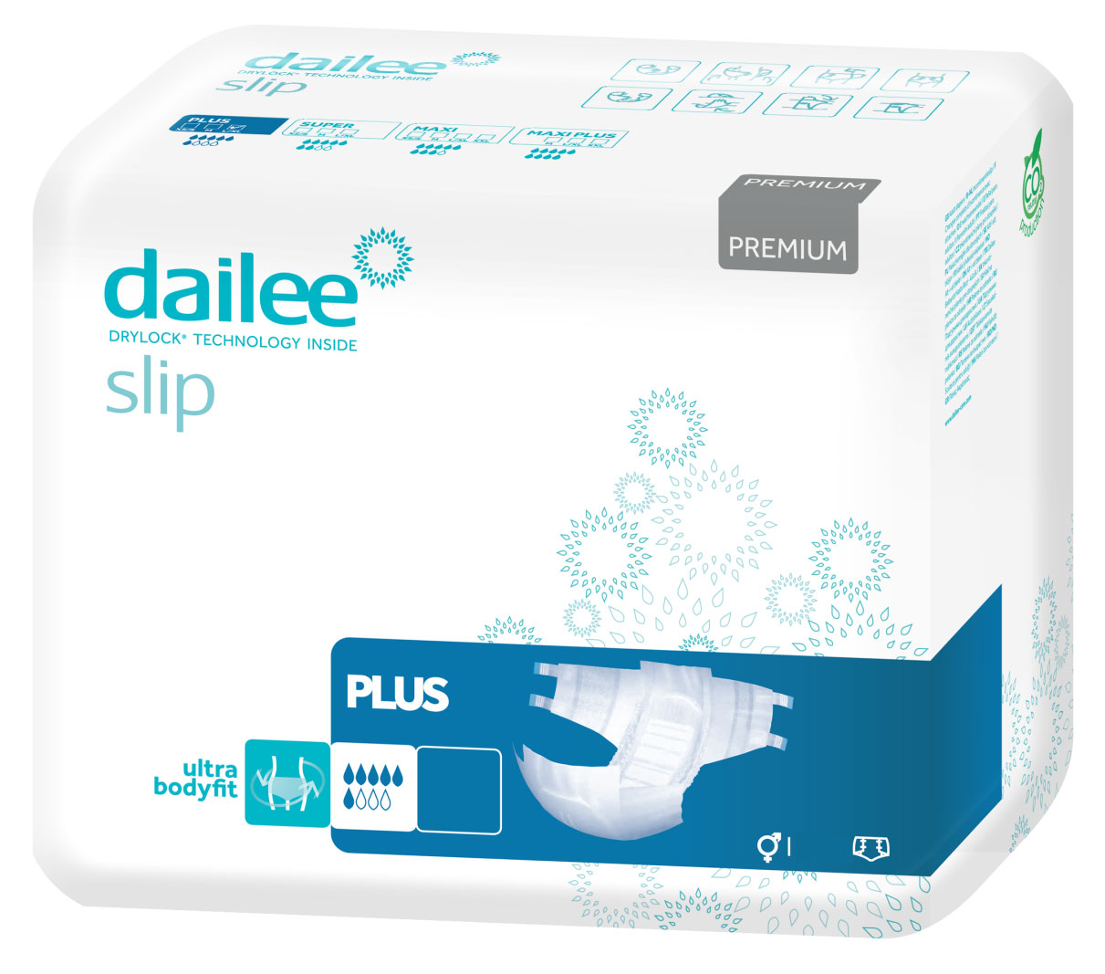 Paket mit Inkontinenzprodukte. Auf der Vorderseite steht -dailee slip PREMIUM- und -PLUS-. Ein Bild zeigt die Form der Windel. Die Grafiken symbolisieren Flexibilität und Feuchtigkeitsmanagement.