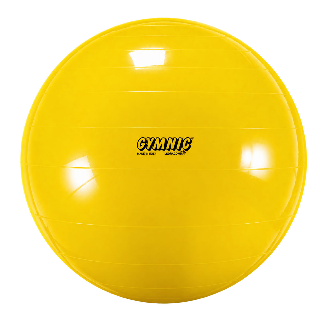 Eine große gelbe Gymnastikball liegt im Fokus. Die Oberfläche ist glatt und glänzend, mit dem Schriftzug -GYMNIC- in schwarzer Schrift. Der Hintergrund ist neutral und lenkt nicht ab.