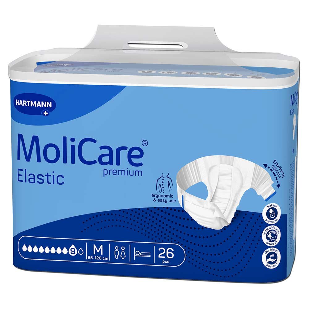 Packung mit MoliCare Elastic Inkontinenzhosen in Größe M (85-120 cm). Es sind 26 Stück enthalten. Die Verpackung ist überwiegend blau mit grafischen Elementen und Informationen zur Benutzung.