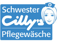 Schwester Cilly-s Pflegewäsche zeigt ein Logo mit einem lächelnden Pflegepersonal, das eine Haube trägt. Der Schriftzug ist in blauer Schrift vor hellem Hintergrund gestaltet.