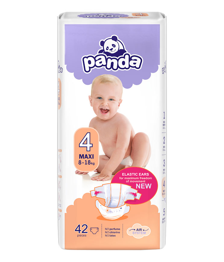 Eine Verpackung mit Windeln der Marke Panda. Die Windeln sind für Babys mit einem Gewicht von 8 bis 18 kg ausgelegt, in der Größe 4. Oben sind ein lächelndes Baby und Produktmerkmale wie -ELASTIC EARS- und -NEU- abgebildet. Auf der Verpackung steht -42 St