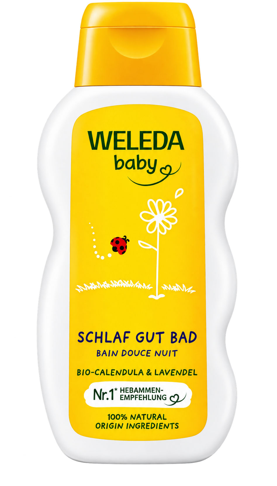Eine weiße Flasche mit gelbem Deckel und fröhlichem, kindgerechtem Design. Auf der Flasche steht -WELEDA baby-, -SCHLAF GUT BAD-, umgeben von Bildern von Blumen und einem Marienkäfer. Text: -BIO-CALENDULA &amp; LAVENDEL-, -Nr. 1* Hebammen-Empfehlung-, -10