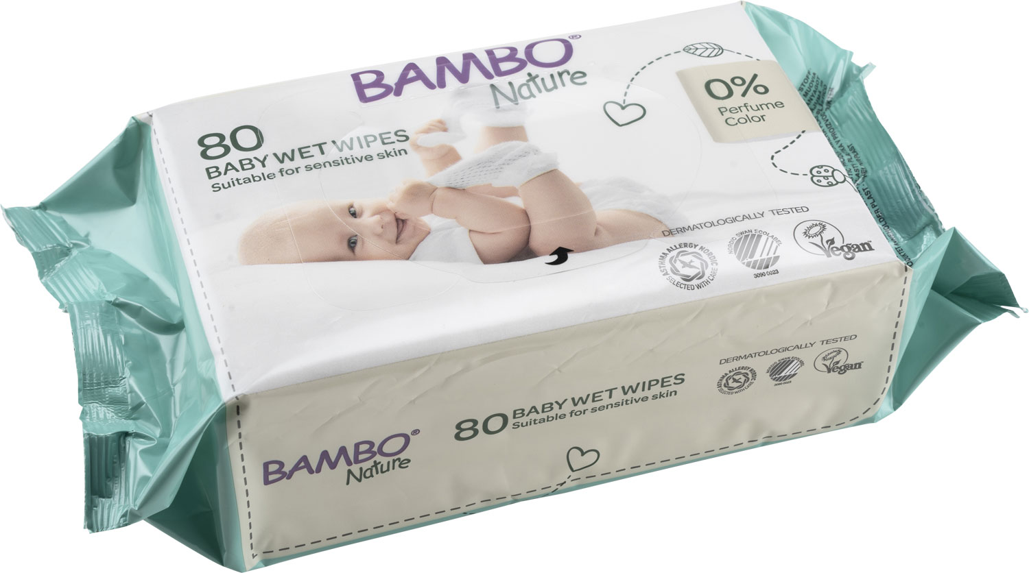 80 Feuchttücher für Babys der Marke Bambo Nature. Die Packung hebt die Eignung für empfindliche Haut hervor. Sie ist dermatologisch getestet und enthält keine Duftstoffe oder Farbstoffe.