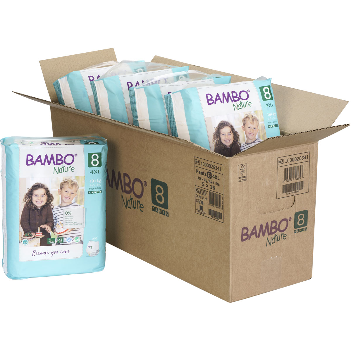 In einem Karton befinden sich mehrere Packungen mit Bambo Nature Windelhosen der Größe 8 (4XL). Auf der Vorderseite der Verpackung sind Kinder abgebildet, mit dem Text -Because you care-.