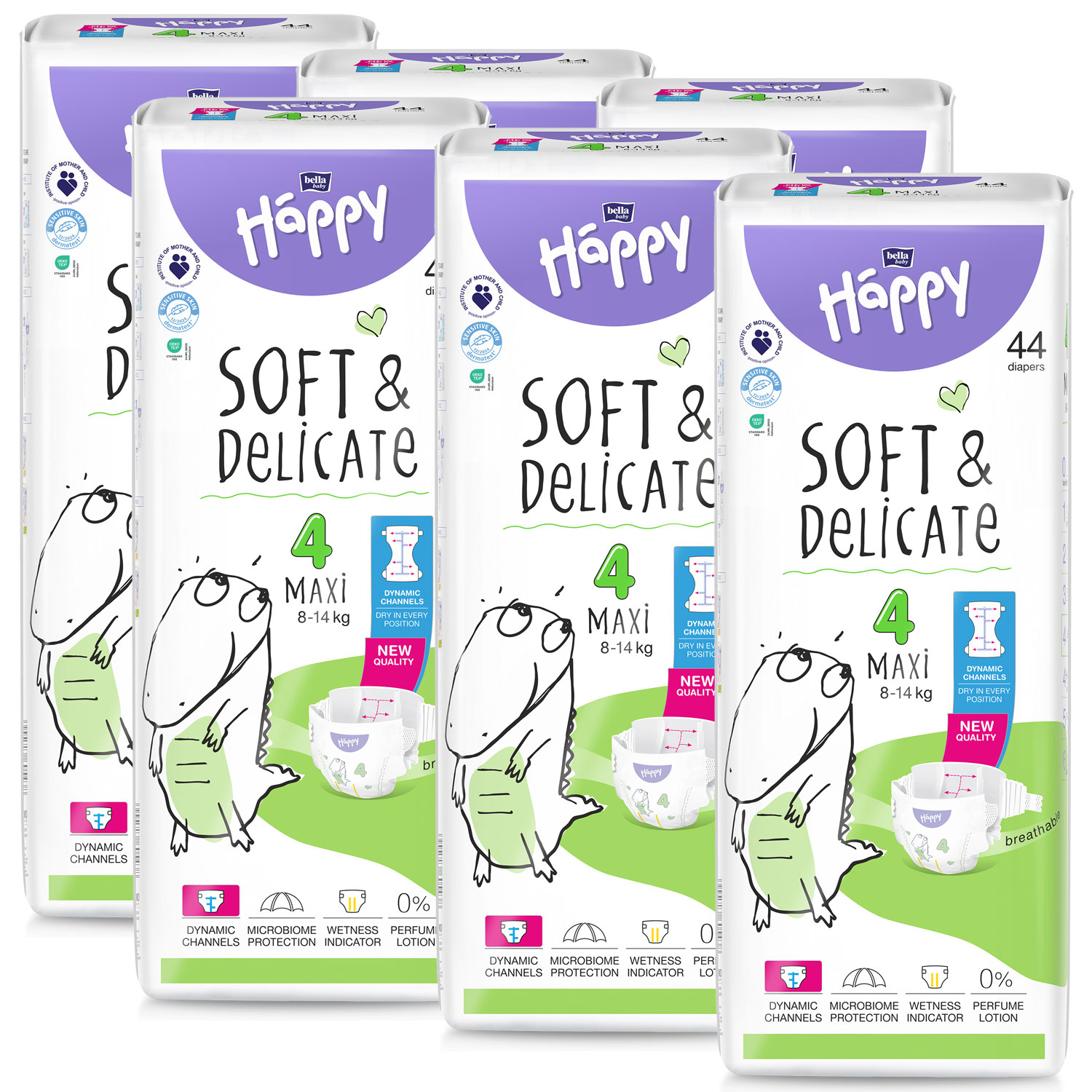 Fünf Packungen von Windeln sind nebeneinander angeordnet. Jede Packung zeigt den Schriftzug -Happy Soft &amp; Delicate- und enthält 44 Windeln für die Größe 4, geeignet für 8-14 kg. Ein niedliches Tiermotiv ist abgebildet.