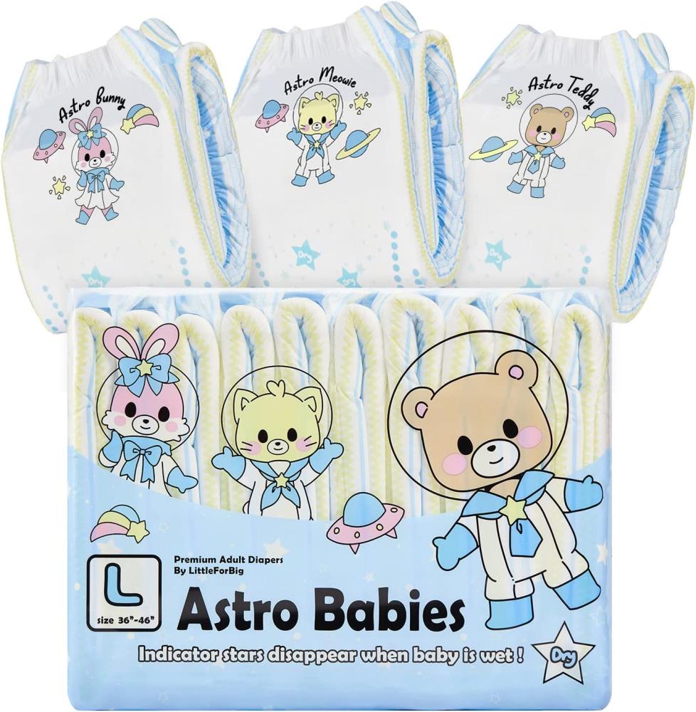 Eine Verpackung mit Erwachsenenwindeln der Marke -Astro Babies-. Auf der Vorderseite sind niedliche Charaktere abgebildet, darunter ein Hase, ein Kätzchen und ein Bär. Die Windeln sind hellblau mit bunten Akzenten.
