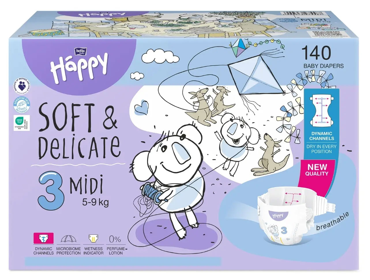 Verpackung mit 140 Babywindeln der Marke Happy, die als -soft &amp; delicate- für die Größe 3 (5-9 kg) beworben werden. Die Gestaltung zeigt illustrative Tiere und den Hinweis auf neue Qualität sowie zusätzliche Merkmale wie atmungsaktiv und einen Feuchti