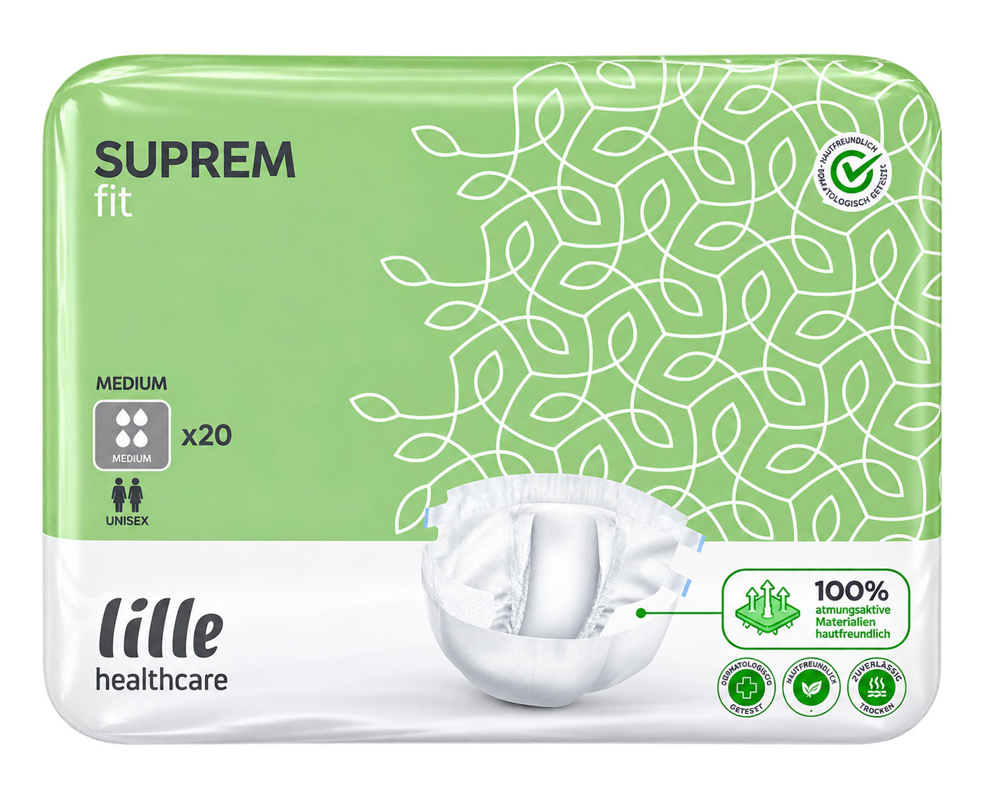Eine Verpackung von Inkontinenzprodukten in Grün mit einem abstrakten Muster. Im Vordergrund ist eine Windel sichtbar, die als -Suprem fit- bezeichnet wird. Es sind Hinweise zu Größe und umweltfreundlichen Materialien abgebildet.