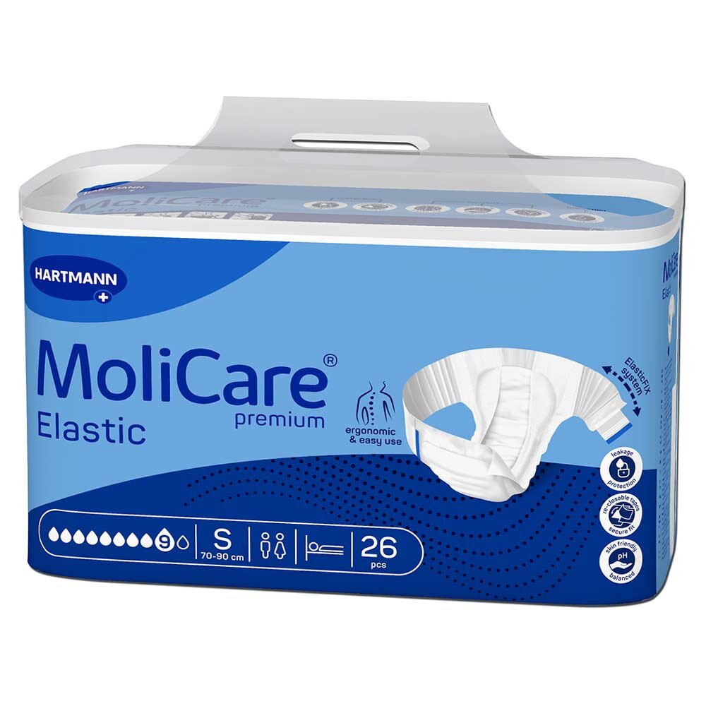 Eine Verpackung von MoliCare Elastic in Blau, die 26 Stück enthält. Sichtbar sind die Größenangabe S (70-90 cm) und Hinweise zur einfachen Handhabung. Auf der Verpackung ist eine Abbildung einer Windel.
