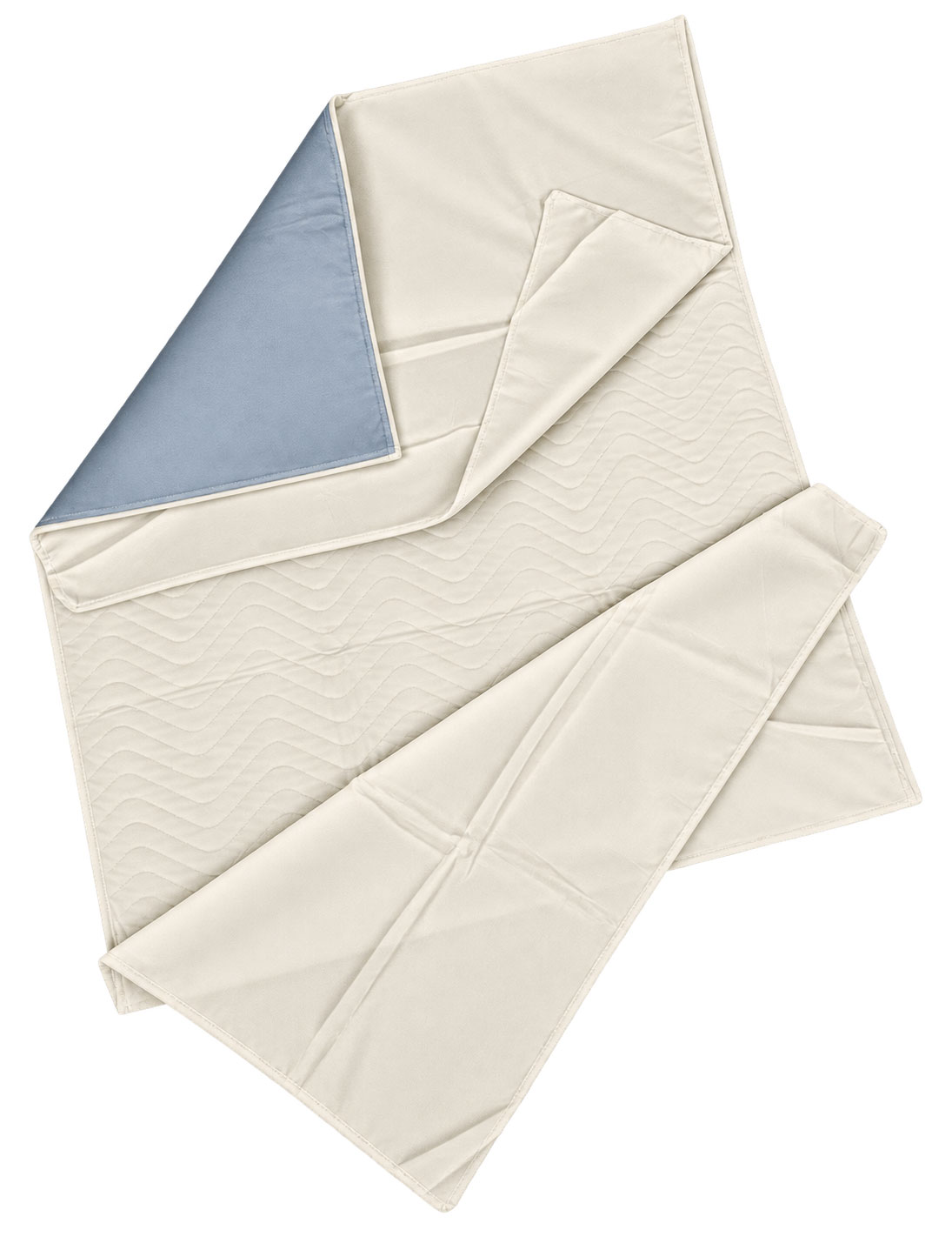 Eine hellbeige wasserdichte Unterlage mit einer blauen Oberseite, teilweise umgeschlagen. Das Material hat eine geprägte Struktur und liegt flach auf einem weißen Hintergrund.