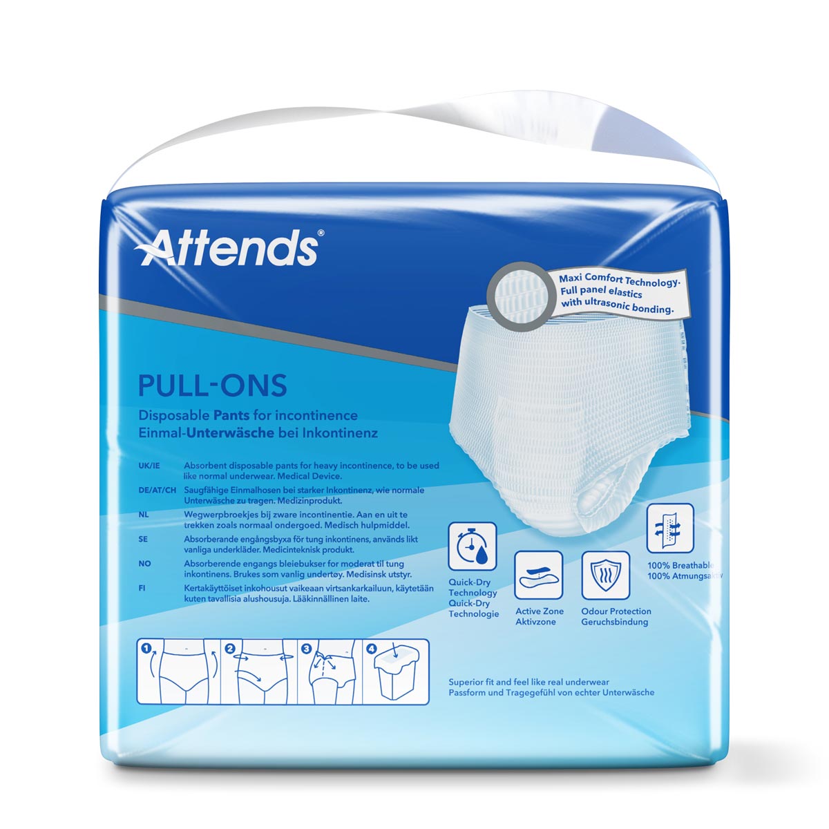 Eine Packung mit Einmal-Unterwäsche für Inkontinenz von Attends. Die Vorderseite zeigt das Produkt und beschreibt Funktionen wie -Quick-Dry-Technologie- und -100% atmungsaktiv-. Die Verpackung ist hellblau mit weißen und grauen Elementen.
