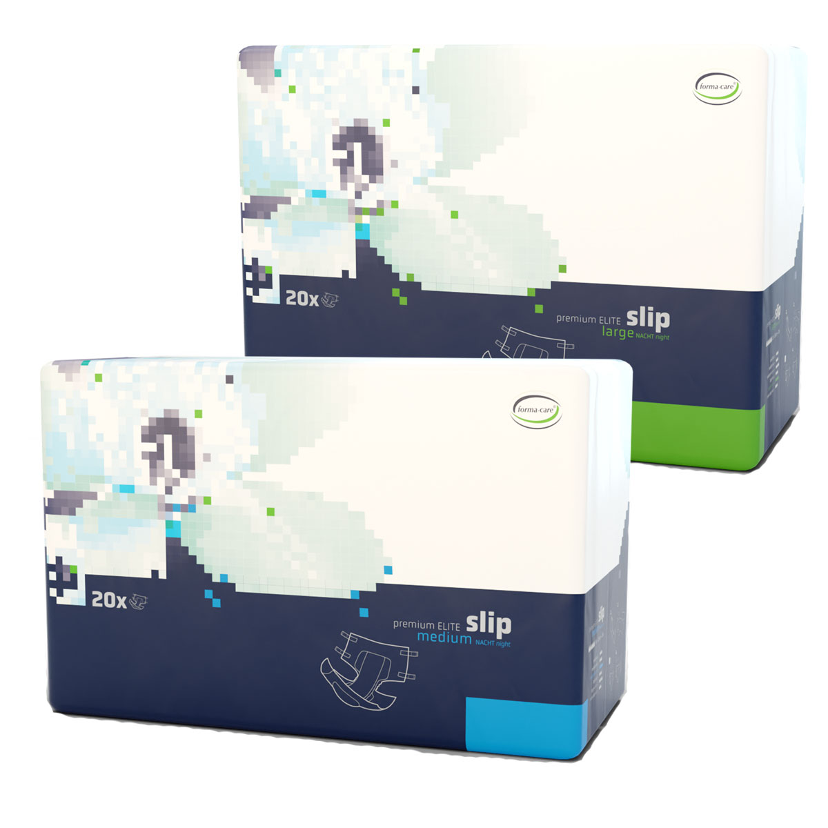Zwei Verpackungen von Inkontinenzprodukten stehen nebeneinander. Die obere Verpackung ist für -large-, die untere für -medium- ausgelegt, beide enthalten je 20 Stück. Das Design zeigt eine blumige Grafik.