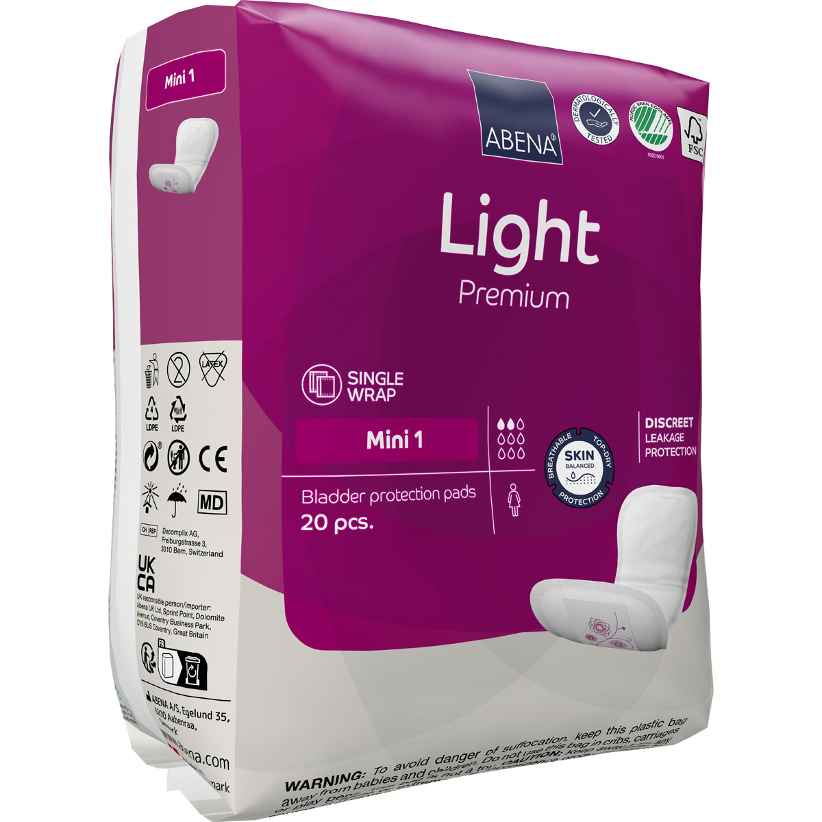 Packung mit Blasenschutzpolstern in lila Design, beschriftet mit -ABENA Light Premium Mini 1-. Enthält 20 Stück, beschrieben als diskrete Leakage Protection. Verpackt in einem Einzelschutz.