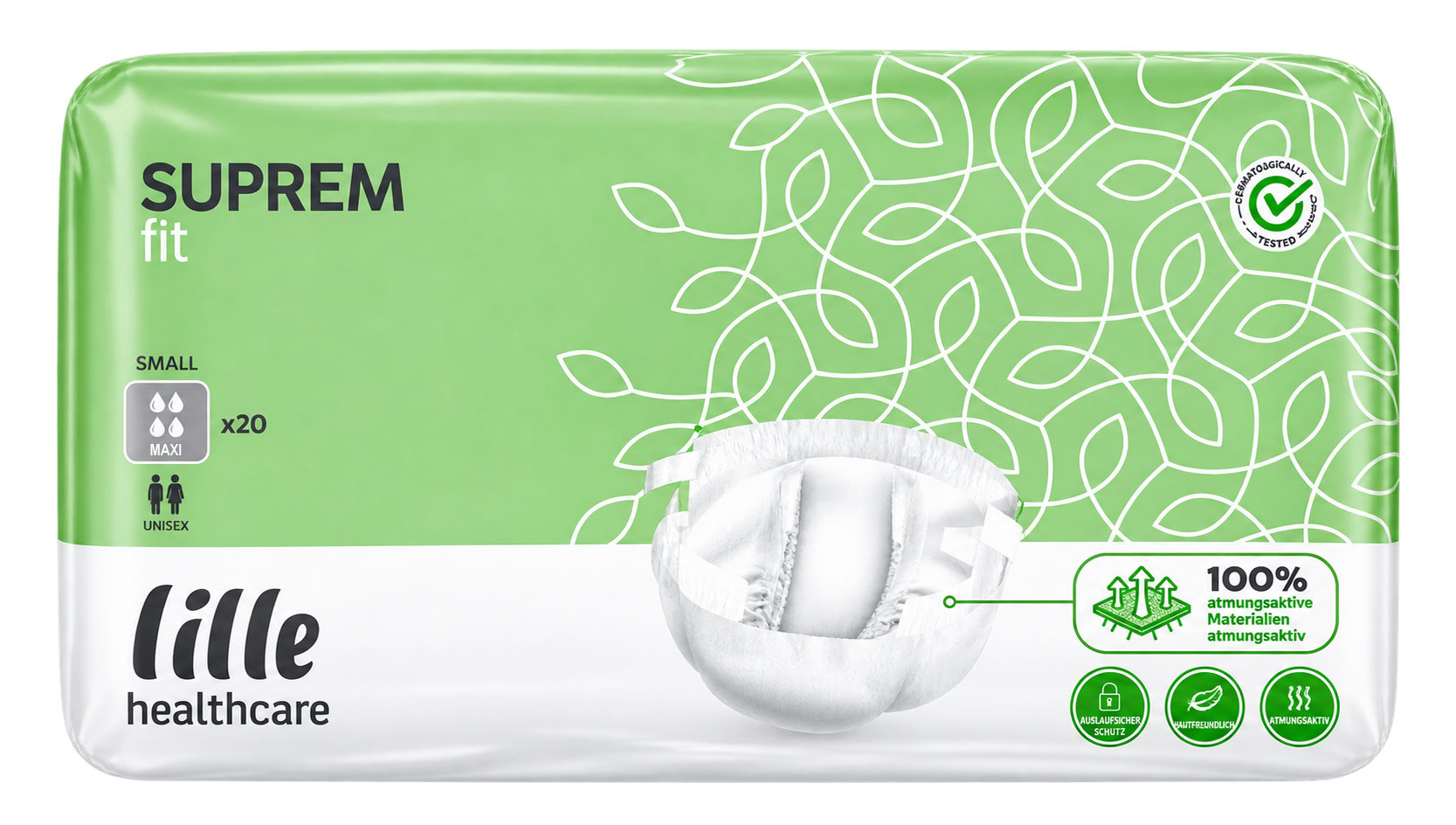 Eine Verpackung von Inkontinenzprodukten in grün-weißer Farbgestaltung. Produkte sind in der Mitte abgebildet, mit textuellen Hinweisen wie -SUPREM fit-, -x20-, -UNISEX- und -100% atmungsaktive Materialien-.