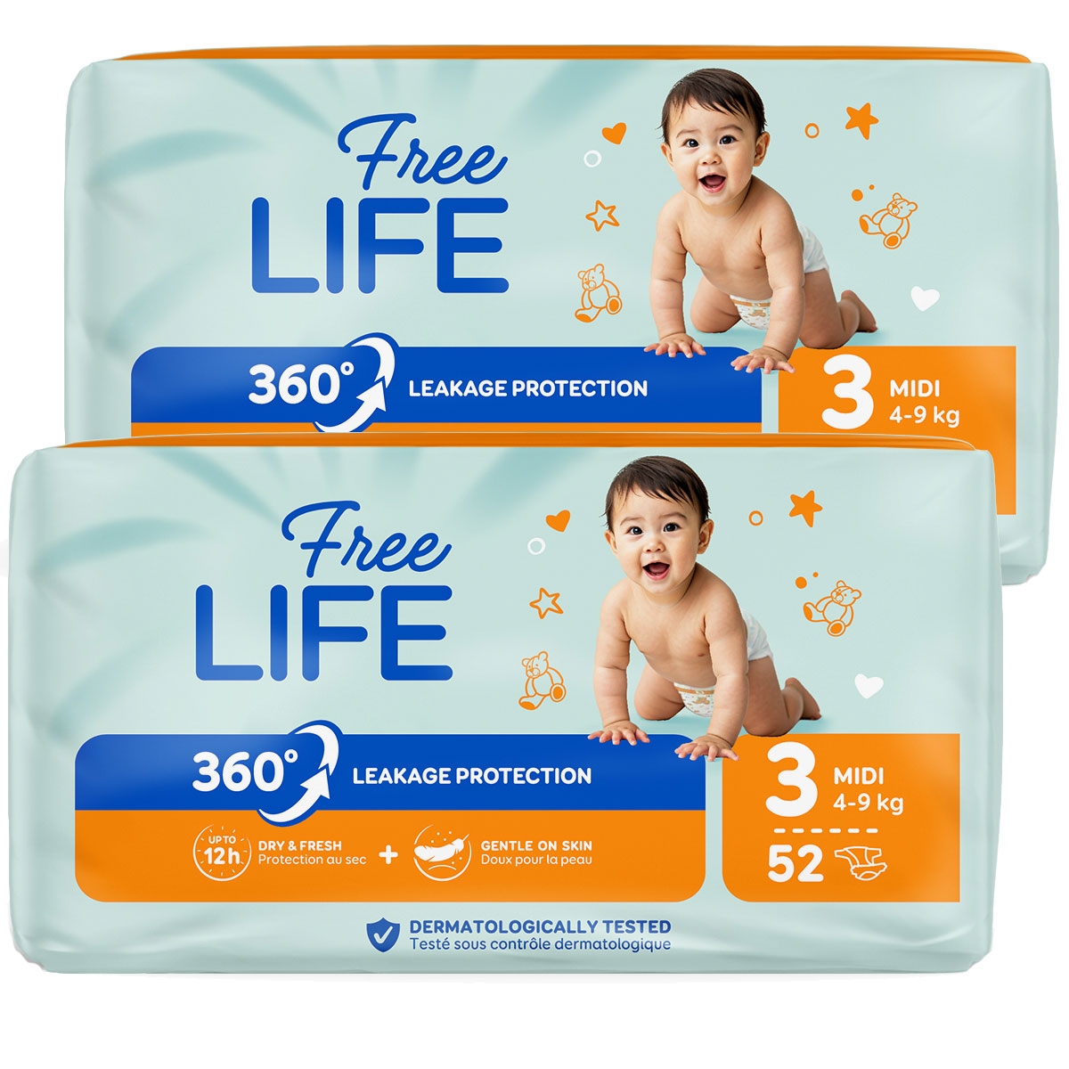 Zwei Packungen Windeln mit dem Namen -Free LIFE-. Die Vorderseite zeigt ein lächelndes Baby ohne Oberteil. Darunter steht -360° Leakage Protection-, und die Größe ist -MIDI 4-9 kg-, mit einer Stückzahl von -52-.