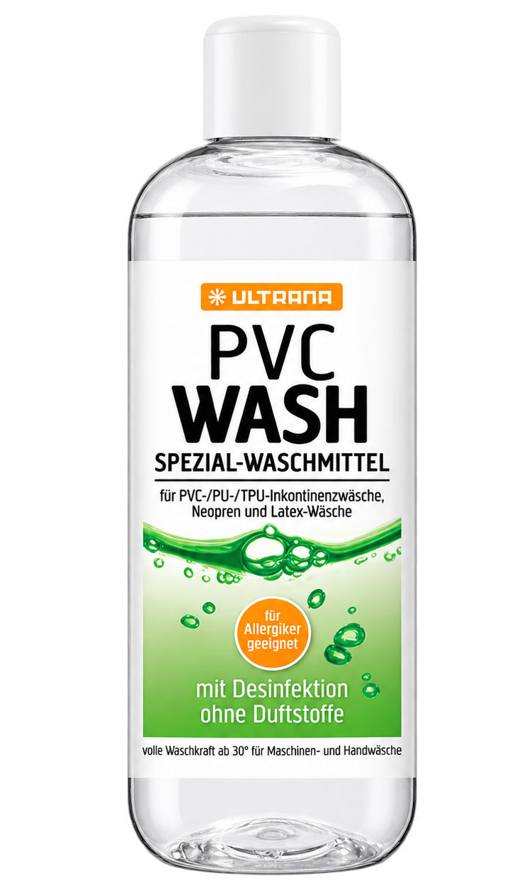 Flasche mit Spezial-Waschmittel namens -PVC WASH-. Es ist transparent und zeigt eine grüne Flüssigkeit. Hauptmerkmale: für PVC-/PU-/TPU-Wäsche geeignet, allergikerfreundlich, desinfizierend und duftstofffrei.