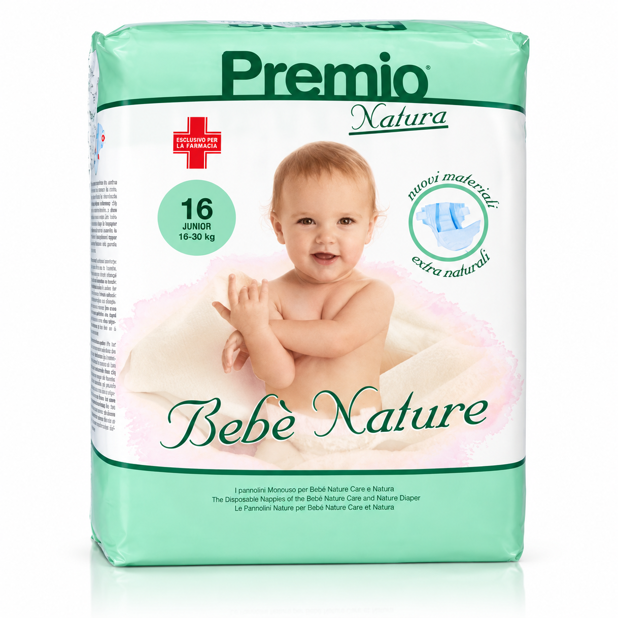 Ein Windelpaket mit dem Namen -Premio Natura- zeigt ein lächelndes Baby auf einer weichen Unterlage. Die Verpackung ist grün und enthält Angaben zur Größe 16 (16-30 kg) sowie Informationen zu neuen, natürlichen Materialien.