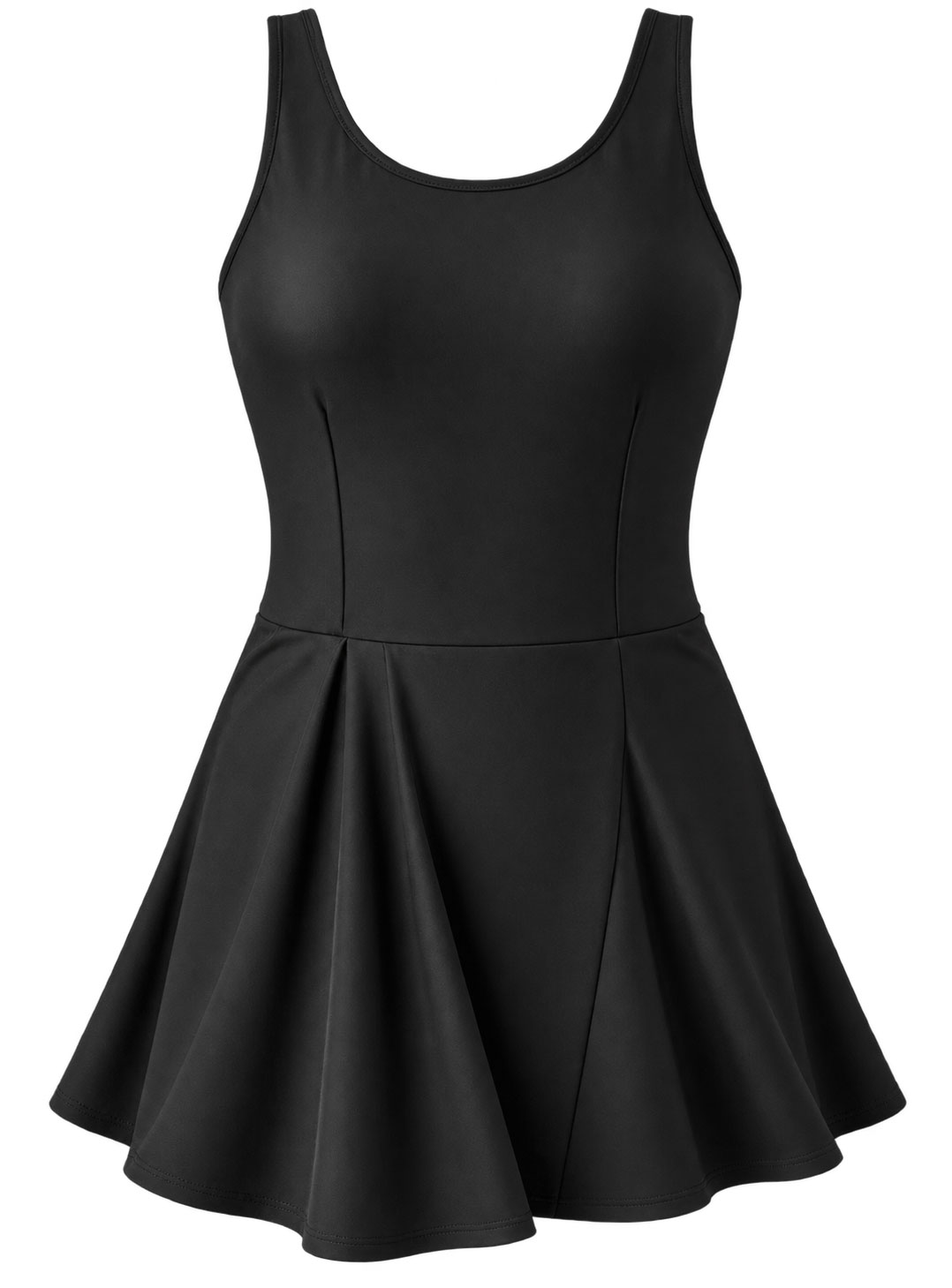Ein schwarzes Kleid mit schmalem Oberteil und ausgestelltem Rock. Es hat dünne Träger und eine glatte, glänzende Oberfläche. Der Rock hat Falten für einen fließenden Look.