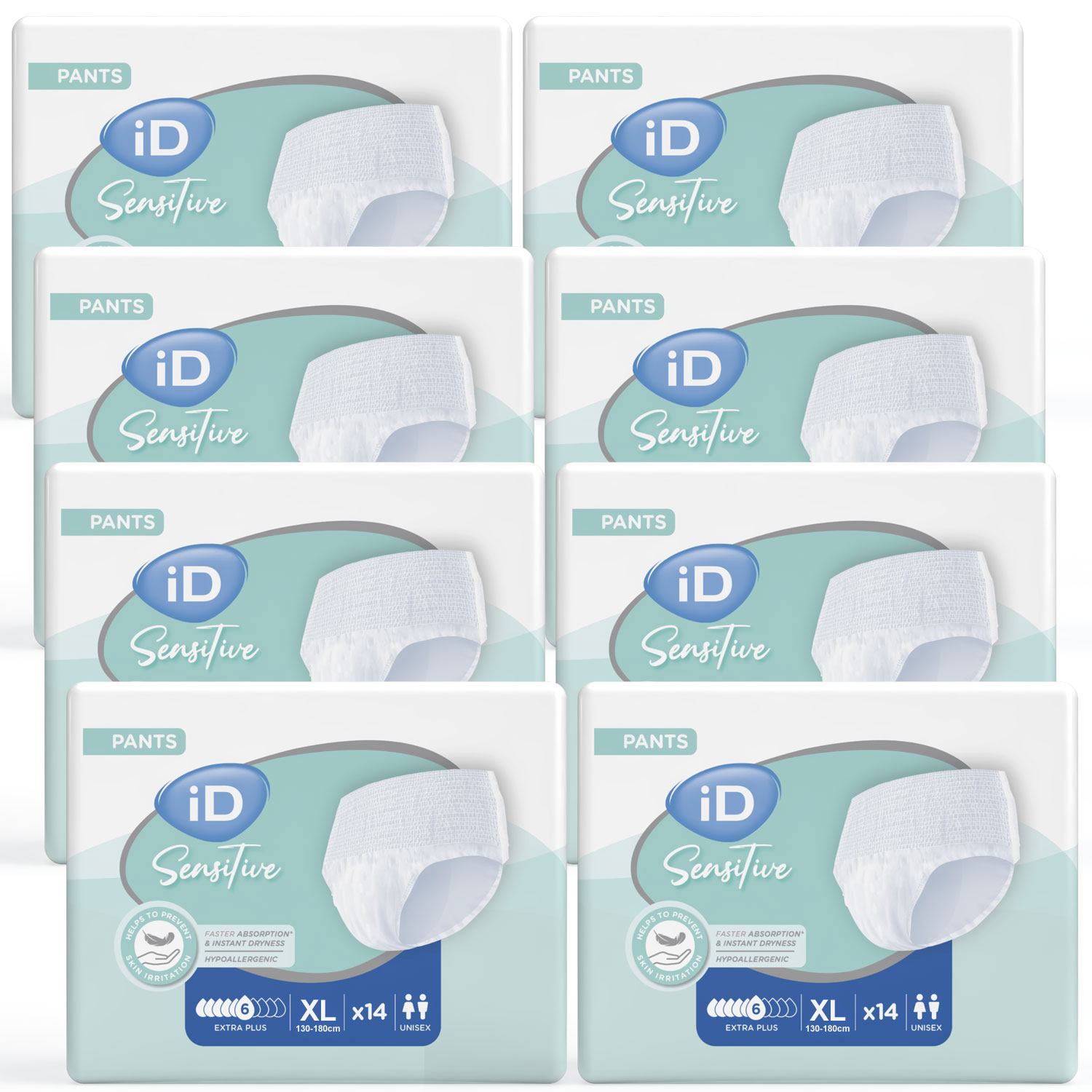 Neun Packungen iD Sensitive Pants, jeweils mit einem weißen Unterwäscheprodukt abgebildet. Die Verpackungen zeigen die Größe XL und enthalten jeweils 14 Stück. Hintergrund ist ein helles, neutrales Layout.