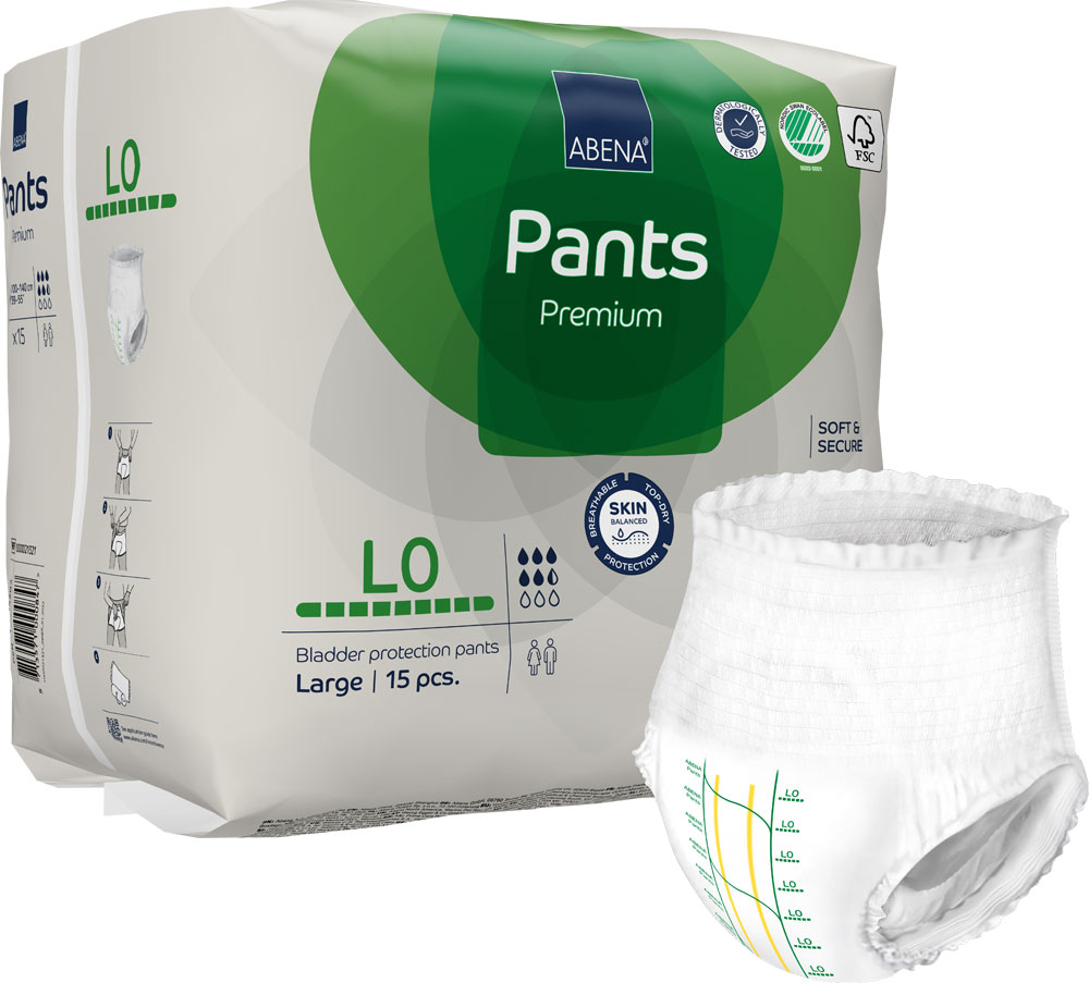 Abena Pants Premium in der Größe L, präsentiert in einer Verpackung mit grünem Logo und Angaben zur Gebrauchsanweisung. Neben der Packung liegt eine einzelne, weiße Einlage, sichtbar mit Markierungsstrichen.
