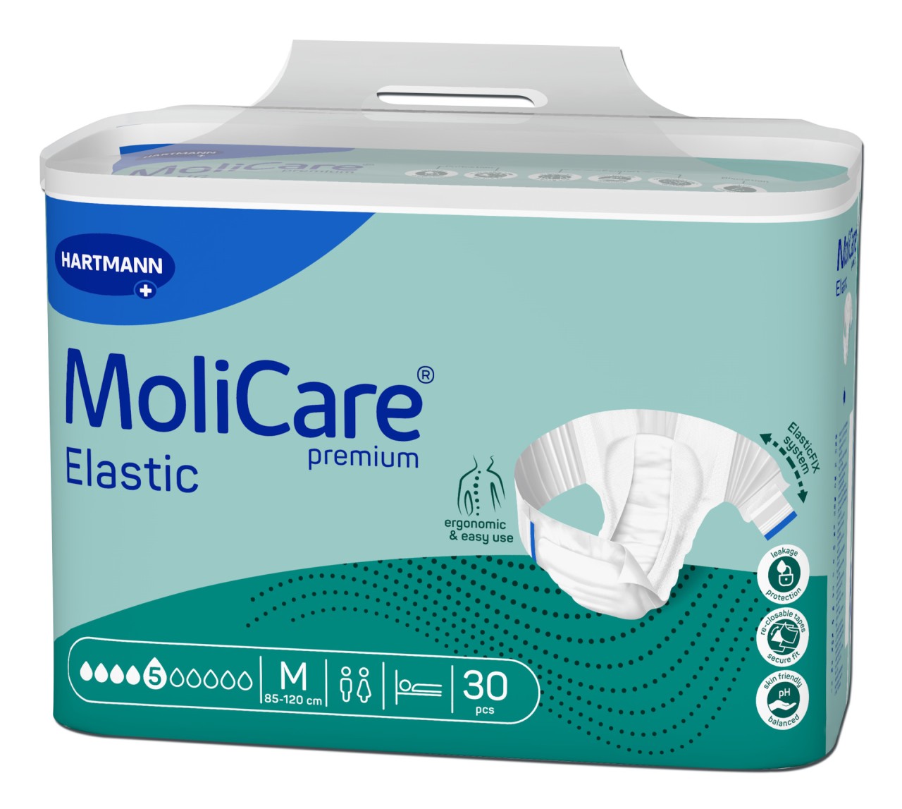Packung mit MoliCare Premium Elastic Inkontinenzprodukten. Die Verpackung ist in sanften Farben gestaltet und zeigt die Produkte für die Größe M (85-120 cm) sowie wichtige Merkmale wie elastisches Design und Benutzerfreundlichkeit.