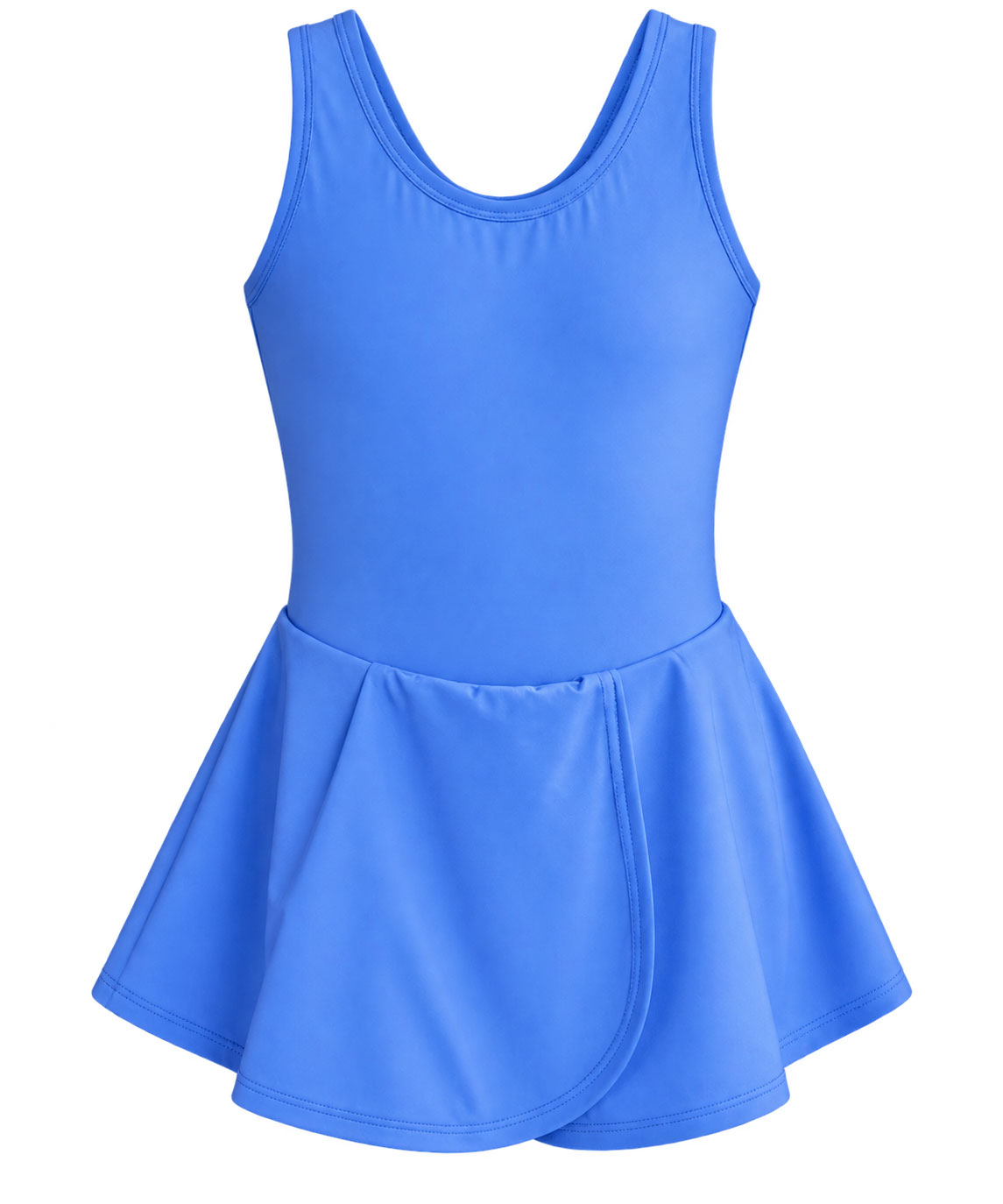 Ein hellblaues Kleid mit ärmellosem Oberteil und einem ausgestellten Rockteil. Der Rock hat eine sanfte Drapierung und einen runden Saum. Der Hintergrund ist weiß und neutral.