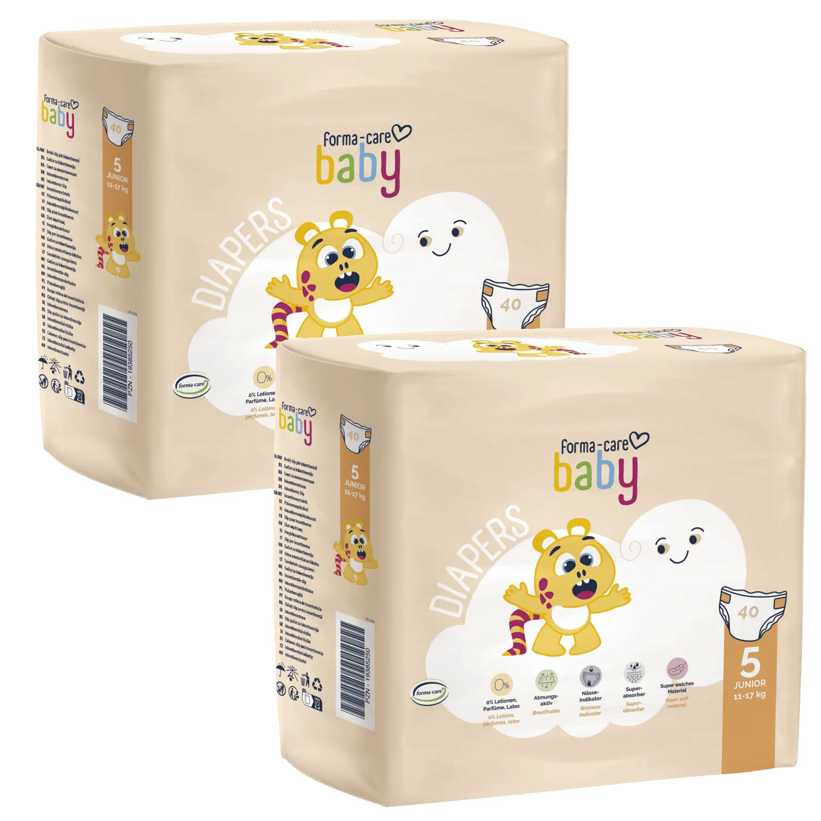 Zwei Packungen Windeln sind übereinander gestapelt. Jede Packung zeigt ein niedliches, farbenfrohes Design mit einem lächelnden Löwen und einer Wolke. Auf der Vorderseite steht -DIAPERS- und die Größe -5 JUNIOR-.