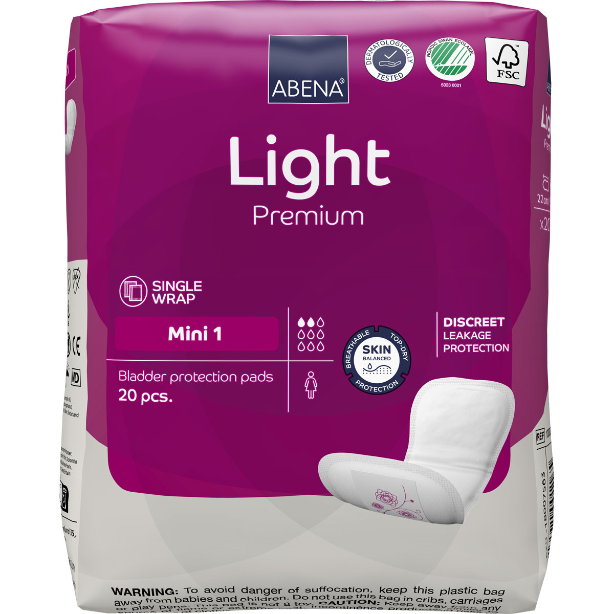 ABENA Light Premium ist eine Verpackung von 20 Blasenschutzpads in der Größe Mini 1. Die Hauptmerkmale sind diskreter Schutz vor Leckagen, dermatologisch getestet und atmungsaktiv.