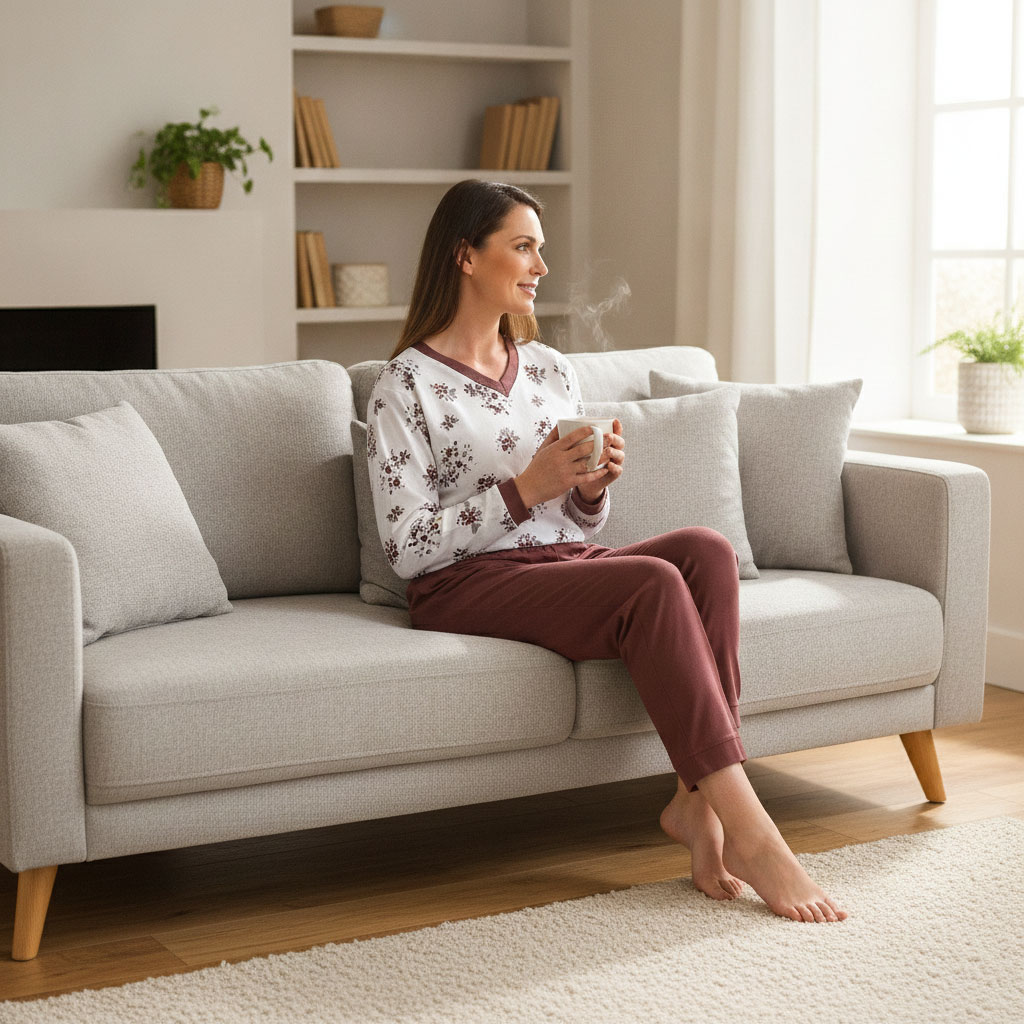 Eine Frau sitzt auf einem grauen Sofa, hält eine Tasse mit dampfendem Getränk und schaut entspannt aus dem Fenster. Die Umgebung ist hell und einladend.