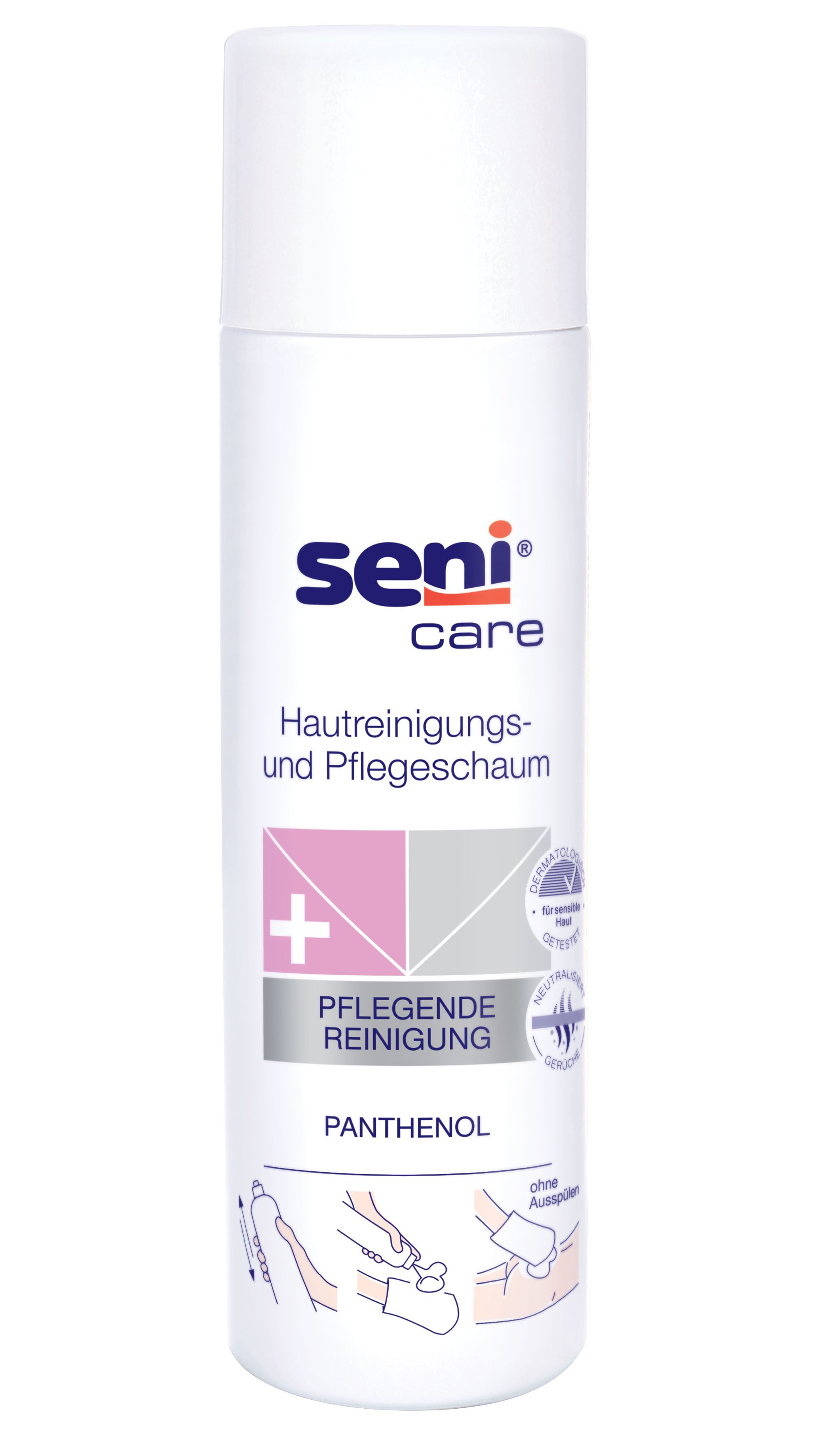 Hautreinigungs- und Pflegeschaum im weißen, runden Behälter mit einem weißen Deckel. Der Text beinhaltet -seni care-, -Hautreinigungs- und Pflegeschaum- sowie -Pflegende Reinigung- und -Panthenol-. Illustrationen zeigen die Anwendung.