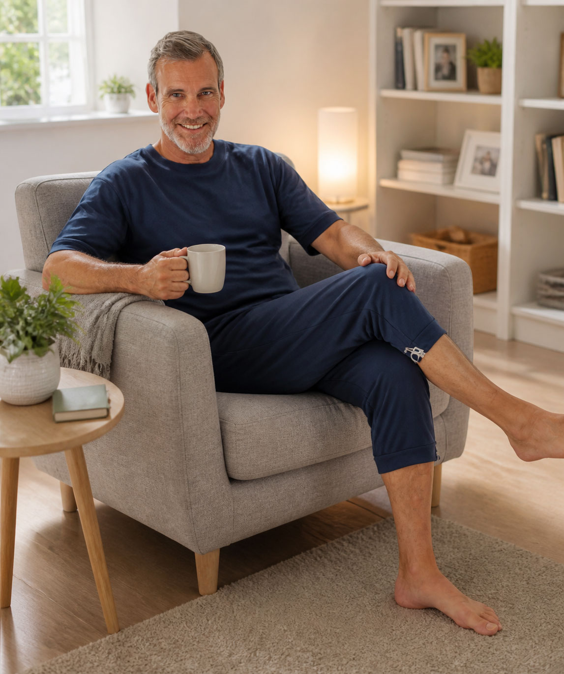 Ein lächelnder Mann sitzt auf einem grauen Sessel in seinem Wohnzimmer. Er trägt ein dunkelblaues Oberteil und eine Hose, hält eine Tasse in der Hand und entspannt sich. Im Hintergrund sind Bücherregale und eine Pflanze sichtbar.