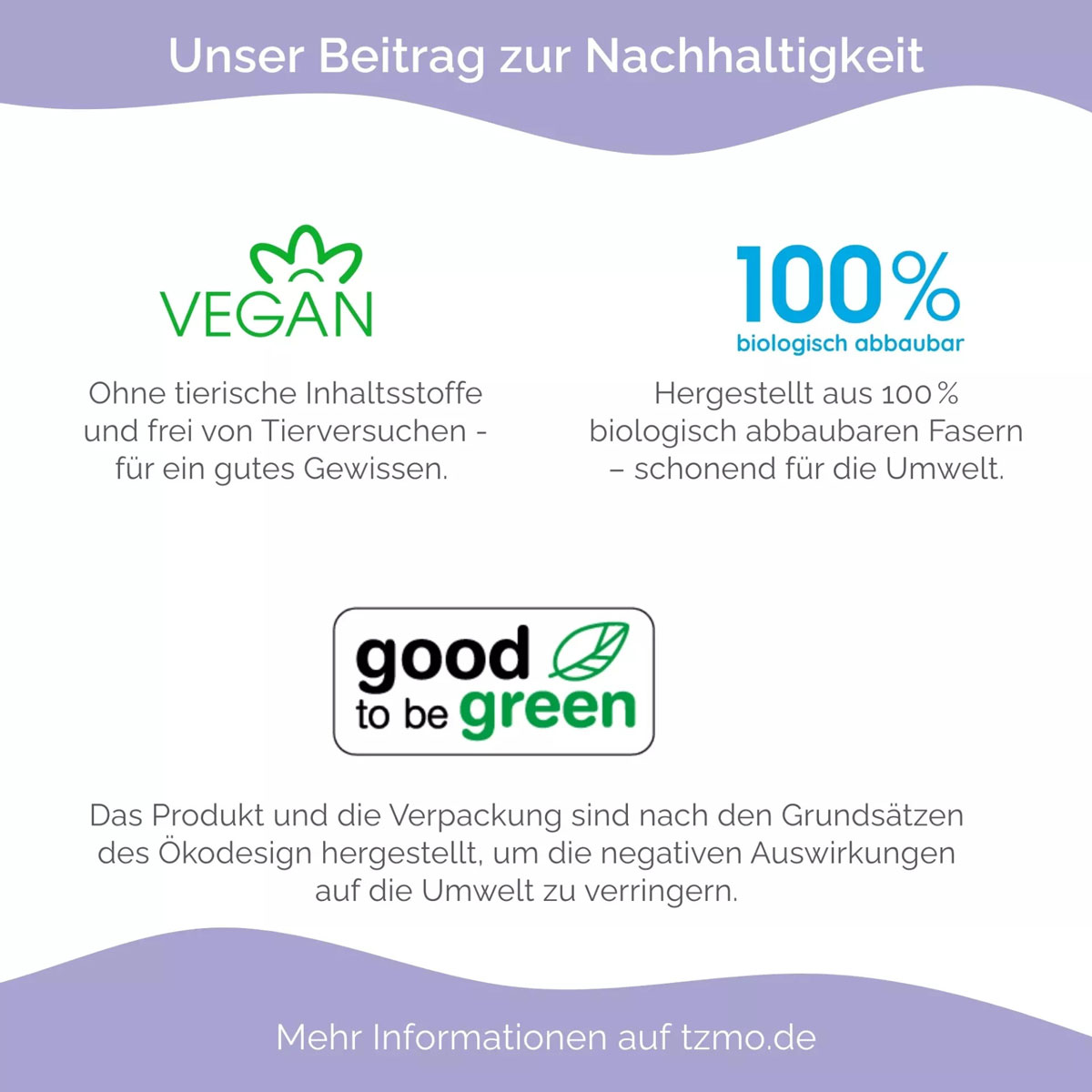 Verschiedene Umweltzeichen und Informationen zu nachhaltigen Produkten. Text beschreibt vegane Inhaltsstoffe, biologische Abbaubarkeit und umweltfreundliches Design. Hintergrund ist in sanften Farben gehalten.