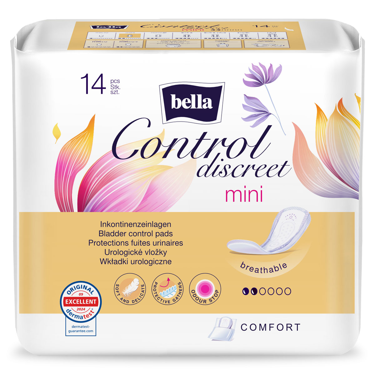 Inkontinenzprodukte in einer Packung mit 14 Stück sind abgebildet. Die Verpackung ist hauptsächlich weiß und goldfarben, mit bunten Blütenmotiven. Beschriftungen heben Eigenschaften wie -breathable- und -Comfort- hervor.
