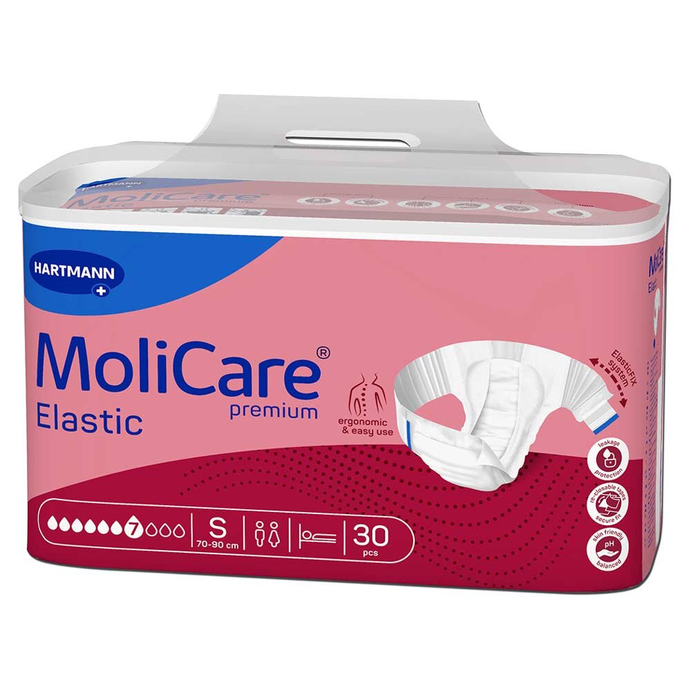 MoliCare Elastic Premium-Packung in Rosa mit einer Abbildung der Windel. Enthält 30 Stück für Größen S (70-90 cm). Hohes Absorptionsniveau, ergonomische Handhabung und Auslaufschutz werden hervorgehoben.