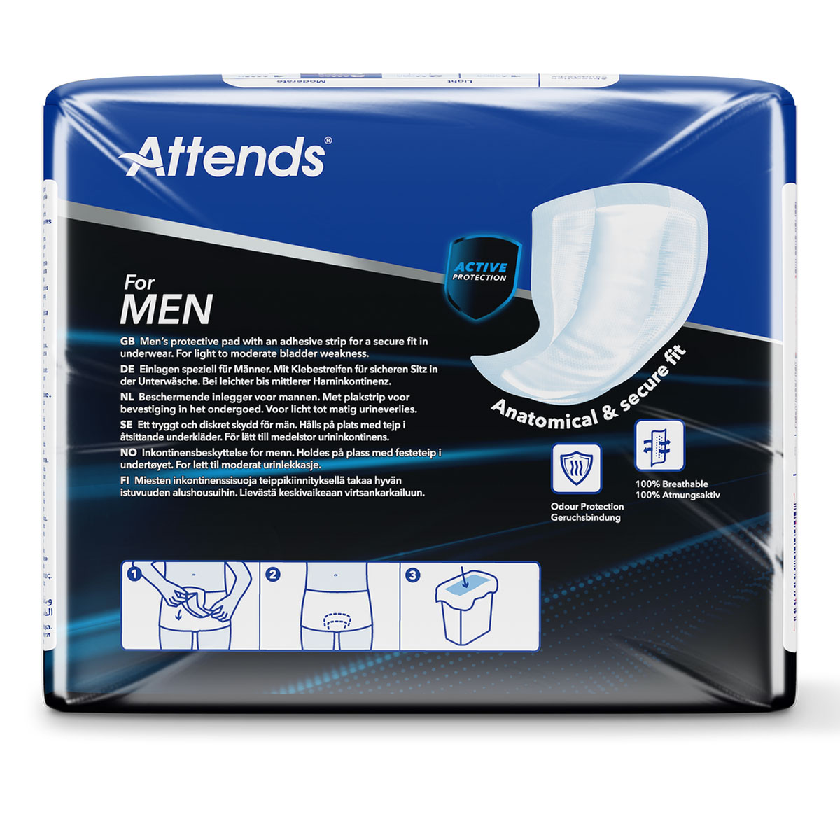 Schutzpolster für Männer mit einem Klebestreifen für sicheren Halt in der Unterwäsche. Mit anatomischer Passform und geruchshemmenden Eigenschaften. Verpackungsdesign in Blau mit Anleitungen und Icons.