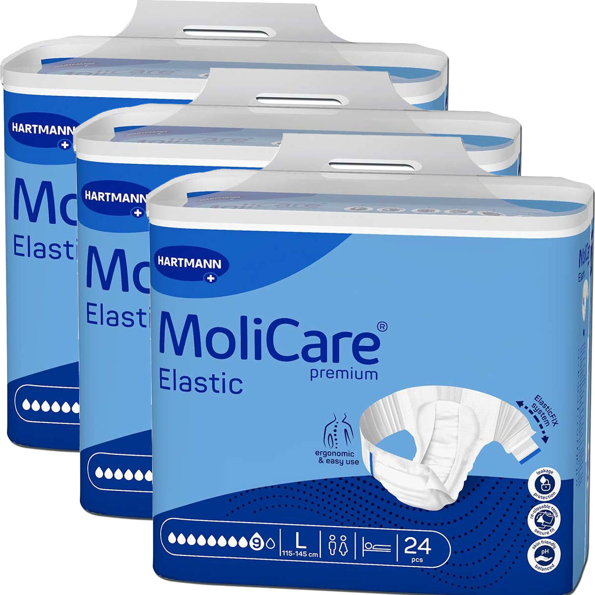 Drei Packungen MoliCare Elastic Premium Windeln sind nebeneinander angeordnet. Jede Packung enthält 24 Stück, ist für eine Taille von 115-145 cm geeignet und hat ein ergonomisches Design.