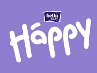 Bella Baby Logo in lila Hintergrund zeigt das Wort -Happy- in großen, weißen, handgeschriebenen Buchstaben.