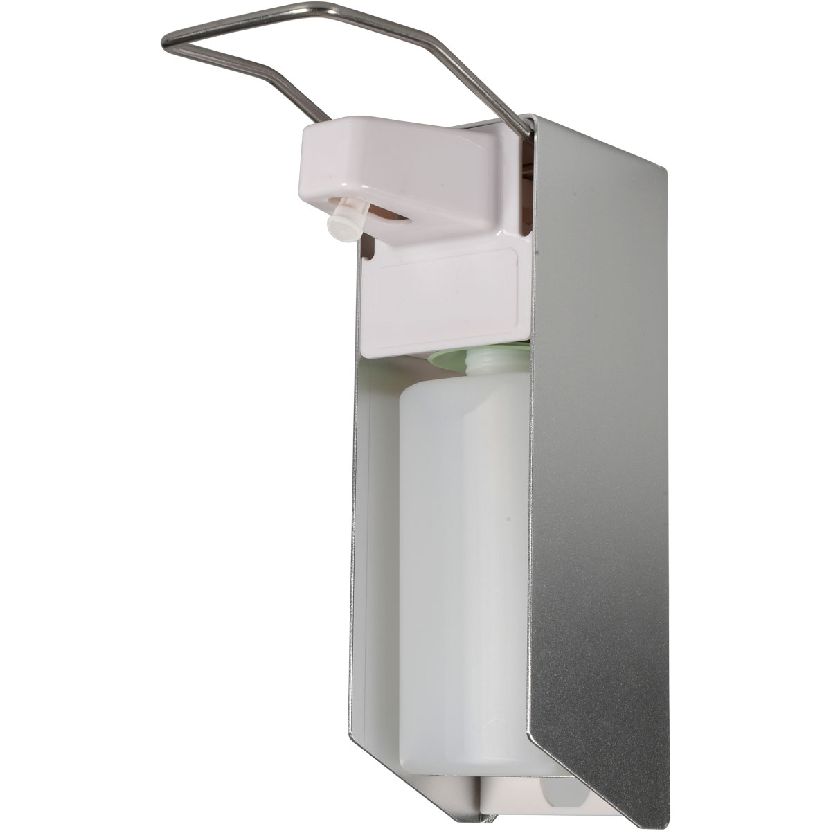 Einspender für Flüssigseife mit einem weißen Behälter, der in einem silbernen Metallgehäuse sitzt. Oben befindet sich ein Pumpmechanismus, der zur Entnahme der Seife dient.