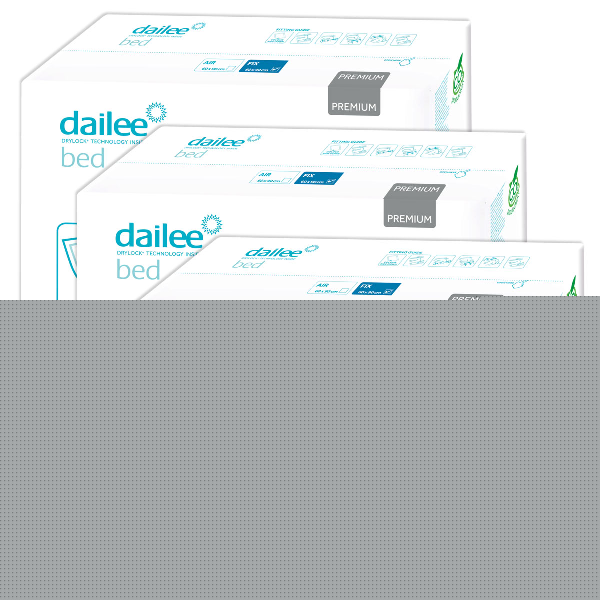 Drei Verpackungen von Dailee Bettunterlagen sind gestapelt. Jede Box zeigt die Angabe -Premium- und ist mit Symbolen für Funktionen wie Fixierstreifen und die Größe 30x60x90 cm bedruckt.