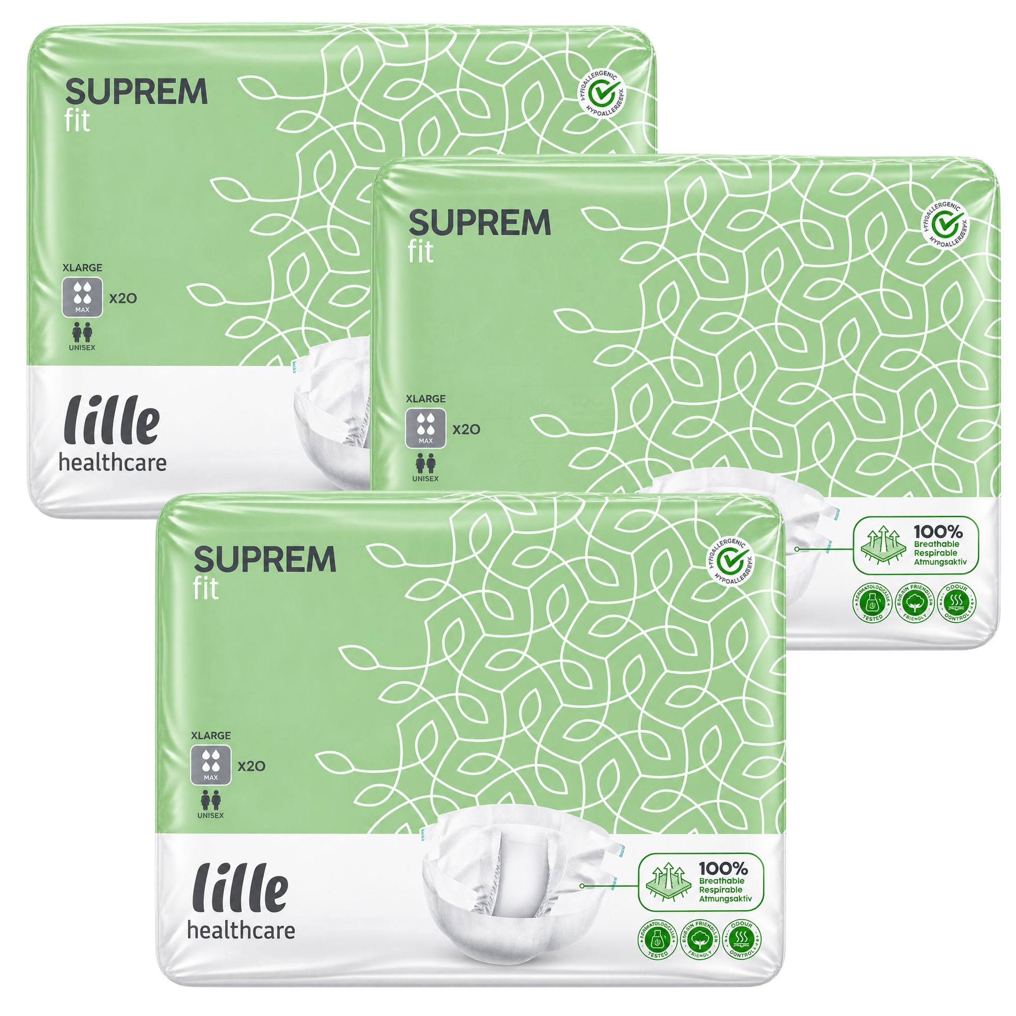 Drei Packungen mit Inkontinanzprodukten stehen übereinander. Jede Packung hat ein grünes Design mit weißen Blattmustern. Auf den Packungen steht -SUPREM fit- sowie -lille healthcare- und -100% atmungsaktiv”. Jede enthält 20 Stück in Größe XL.