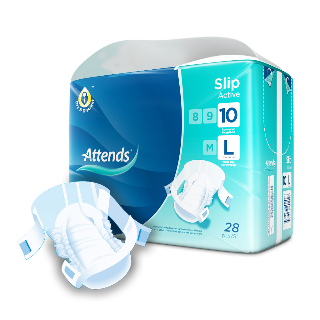 ATTENDS Slip Active 10 - Large (L) Inkontinenzwindeln 56 (2x28) Stück ATTENDS Slip Active 10 - Large (L) Inkontinenzwindeln 56 (2x28) Stück