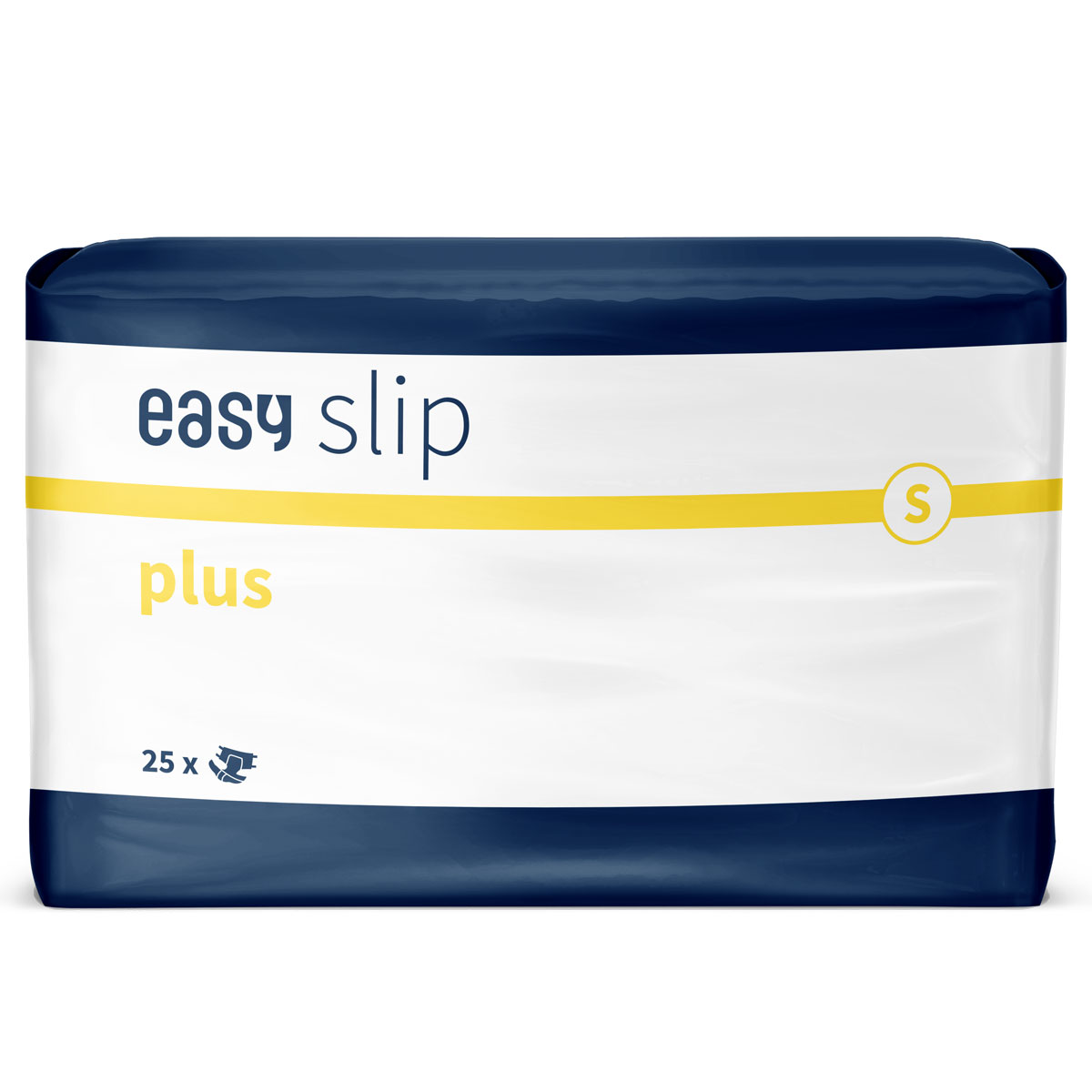 Ein Paket mit Inkontinenzprodukten hat eine überwiegend weiße Verpackung mit blauen und gelben Akzenten. Auf der Vorderseite steht -easy slip plus- und -25 x- sowie die Größenmarkierung -S-.