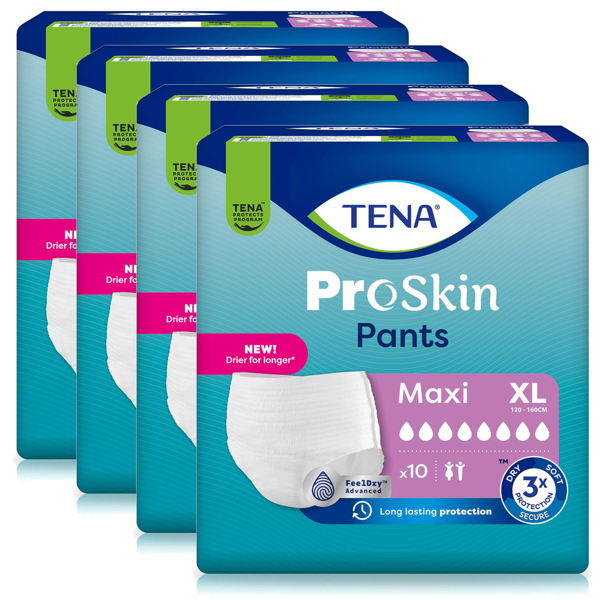 Vier Packungen TENA ProSkin Pants in der Größe XL (120-160 cm) sind nebeneinander angeordnet. Jede Packung zeigt das Produkt und Informationen über Saugstärke sowie die Anzahl der enthaltenen Einheiten.